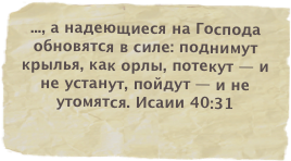 ..., а надеющиеся на Господа обновятся в силе: поднимут крылья, как орлы, потекут — и не устанут, пойдут — и не утомятся. Исаии 40:31
